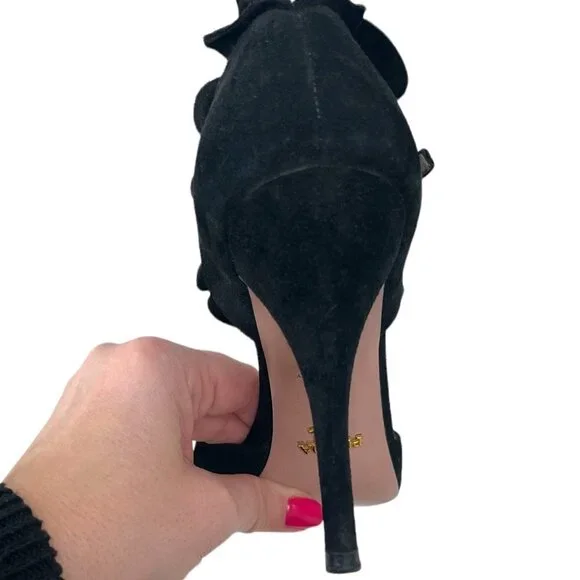 PRADA Open Toe Ruffle Suede Strap Ankle Heel Sandals Women's Size 7 Prom Formal - Picture 10 of 16